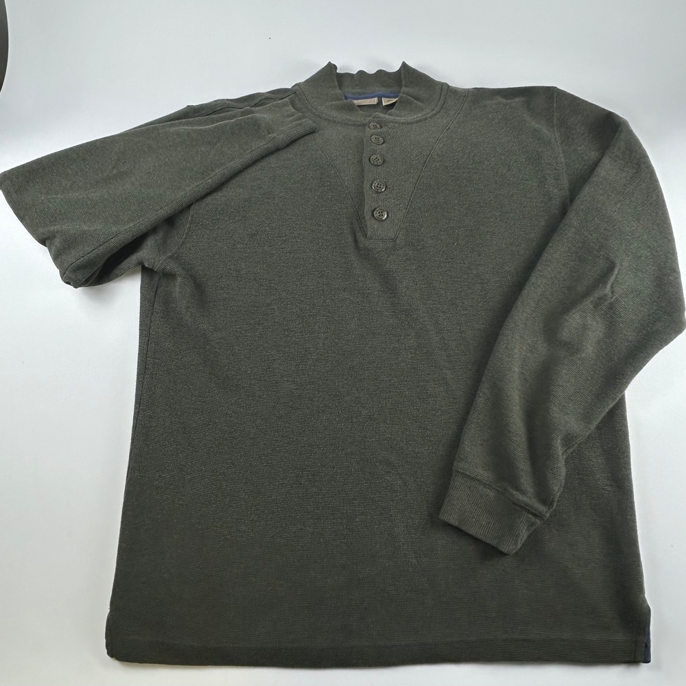 LL Bean Mens M Shawl Olive Green Waffle Knit 5-Button Henley Mock Neck Pullover - Picture 3 of 8